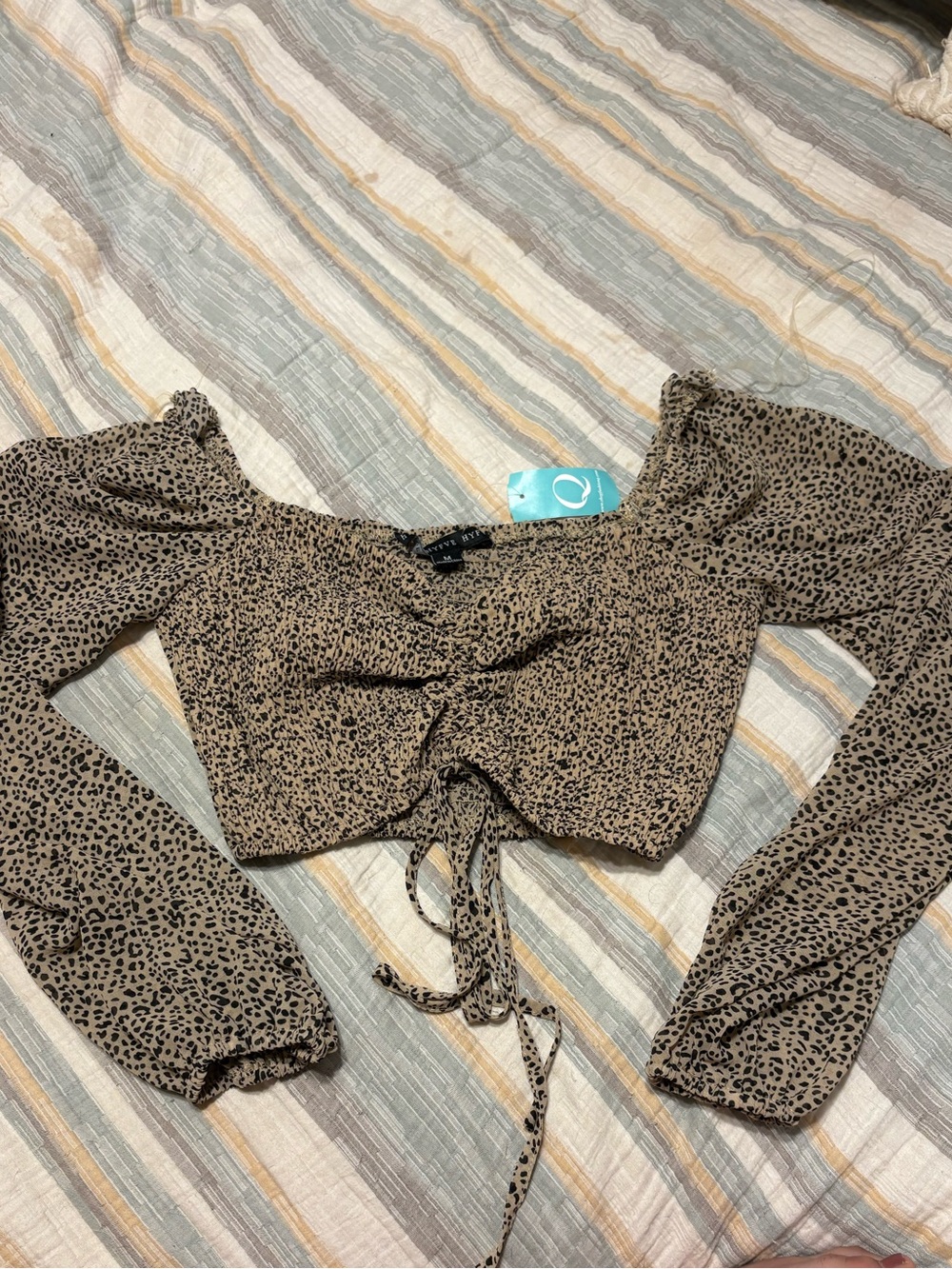 HYFVE Tan and Black Leopard Tie-Front Long Sleeve Crop Top